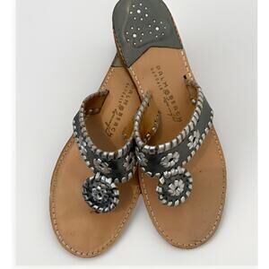 Palm Beach Sandals Gray & Silver Leather Preppy Quiet Luxury Thong Slide Sz 9